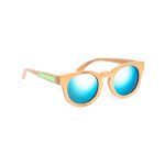 Sunglasses with a bamboo frame and blue mirrored lenses, featuring a green accent on the side.