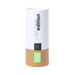 A cylindrical packaging for sunglasses with a white top section and a brown kraft paper base, featuring a logo.