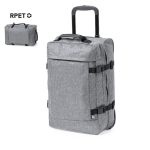 A grey wheeled bag with a retractable handle and adjustable straps, featuring a logo.