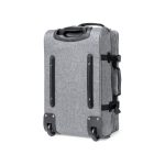 A grey wheeled bag with a textured surface, featuring a handle and multiple straps for secure fastening.