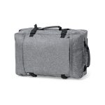 A grey wheeled bag with multiple handles and a logo, featuring a spacious design and sturdy construction.