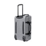 A wheeled grey trolley bag with a retractable handle and side straps, featuring a sleek and modern design.