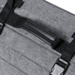 A grey wheeled bag features adjustable straps and a black handle for easy transport. It includes a branding logo.