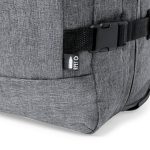 A grey wheeled bag features a secure buckle and a small logo, showcasing a textured fabric design.