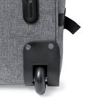 A grey wheeled bag with a smooth black wheel and metal rivets on the bottom edge. It features a textile surface.