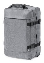 A grey wheeled bag with a structured design, featuring side straps and a handle on top. It has a logo.