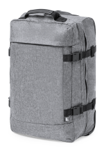 A grey wheeled bag with straps and handles, featuring a minimalist design and a logo.