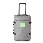 A grey wheeled bag with a retractable handle and adjustable straps, featuring a blank logo area.