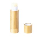 A bamboo-styled lip balm container with a removable cap, featuring a pale, creamy lip balm stick.