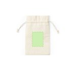 A natural canvas pouch with a drawstring closure, featuring a green outlined area on the front.