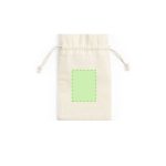 A natural fabric pouch with a drawstring closure, featuring a green outlined rectangle on the front.