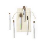 A set of six eyeshadow applicators with various brush types, featuring grey handles and a canvas storage pouch.