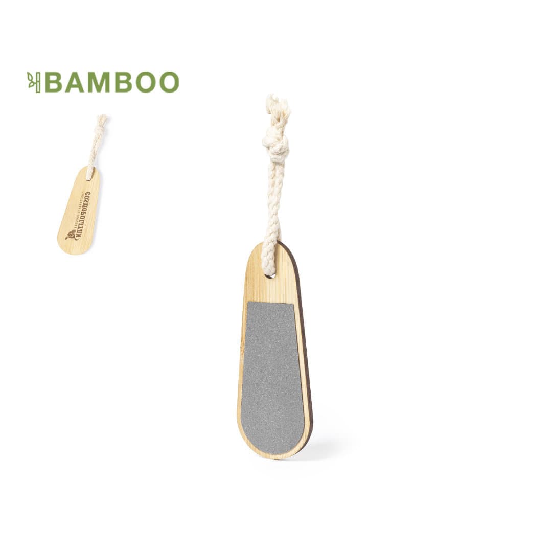 A bamboo nail file with a grey sanding surface, featuring a rope loop for hanging. Includes a logo on the handle. A bamboo nail file with a grey sanding surface, featuring a rope loop for hanging. Includes a logo on the handle.