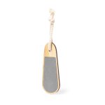 A bamboo nail file with a grey sanding surface and a looped rope for hanging.