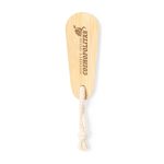 A bamboo nail file with a rope handle, featuring a branded logo.