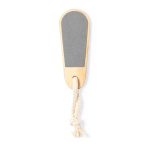 A wooden nail file with a grey sanding surface and a white rope handle. It features a simple, natural design.