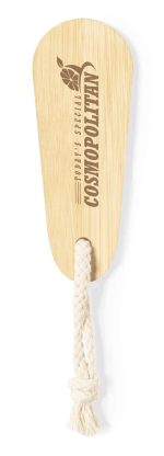 A wooden nail file with a natural finish, featuring a rope handle and branding on the surface.