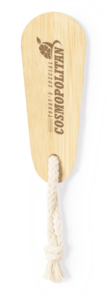 A wooden nail file with a rounded end, featuring a natural finish and a braided rope handle.