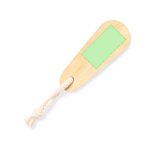 A bamboo nail file featuring a green area for branding and a rope attached at one end.