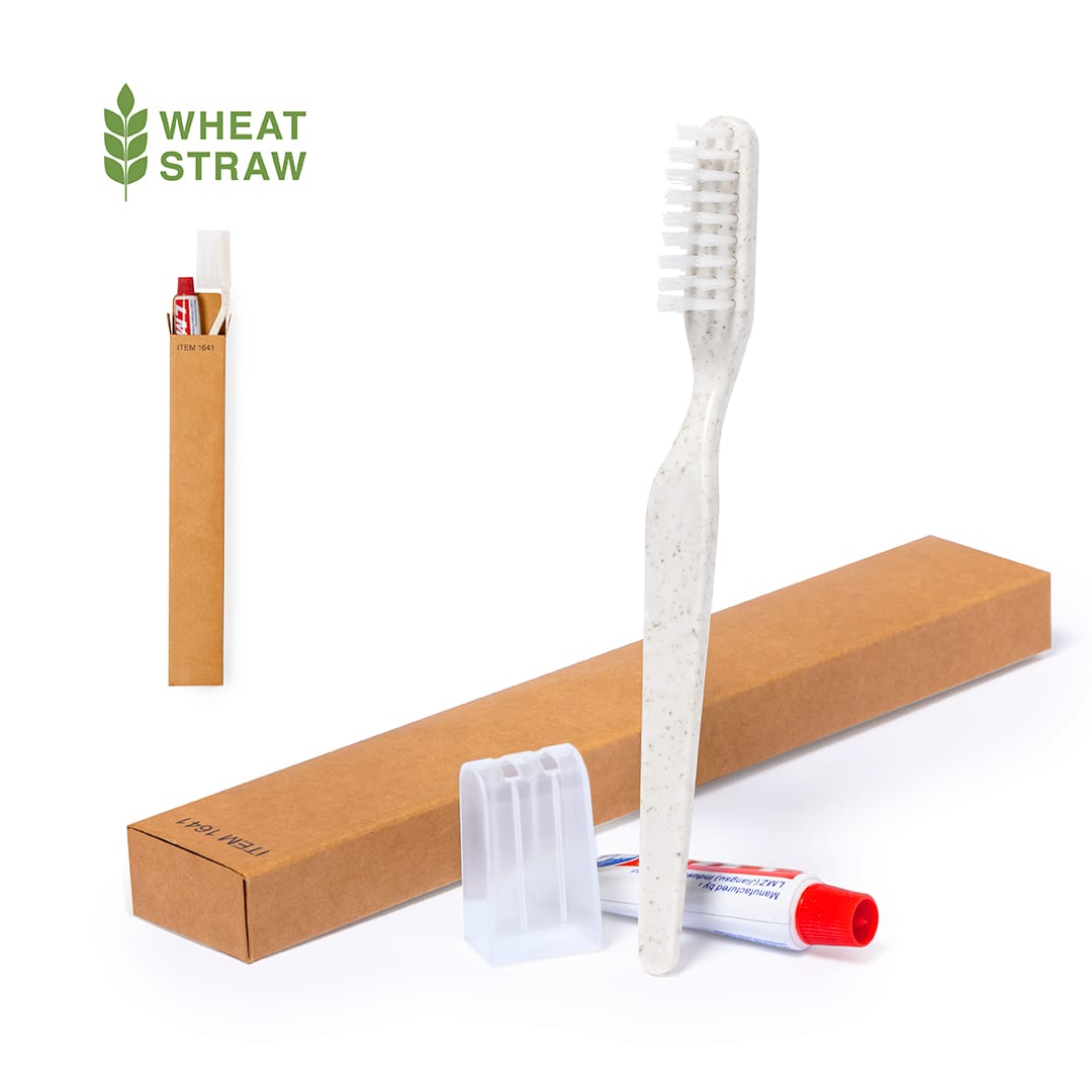 A dental kit set with a white toothbrush, toothpaste, a transparent holder, and a brown packaging box. A dental kit set with a white toothbrush, toothpaste, a transparent holder, and a brown packaging box.