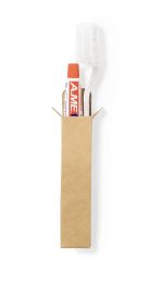 A dental kit set featuring a toothbrush, toothpaste, and a cardboard box, with a clean, minimal design.