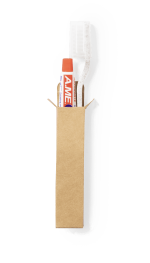 A dental kit set in a brown cardboard packaging containing a toothbrush and toothpaste.