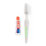 A dental kit set featuring a toothbrush and toothpaste, with a tube in white and red and a light-coloured toothbrush.
