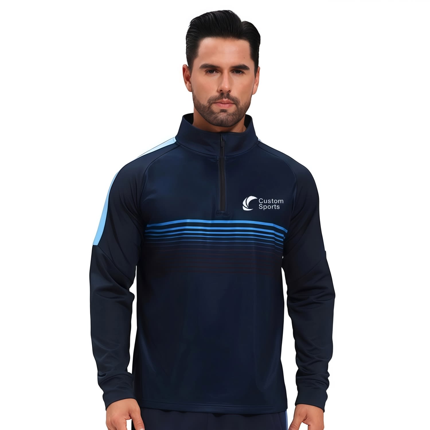 A navy blue polyester spandex jacket featuring a high stand-up collar and a 1/4 zip. Includes a logo on the front. Polyester Spandex Sublimated High Stand-Up Collar 1/4 Zip Raglan Jacket - Image 1
