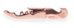 A rose gold corkscrew opener with a sleek design, featuring a bottle opener and spiral corkscrew.