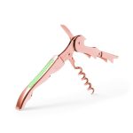 A rose gold corkscrew opener with a green handle, featuring a spiral corkscrew and bottle opener.