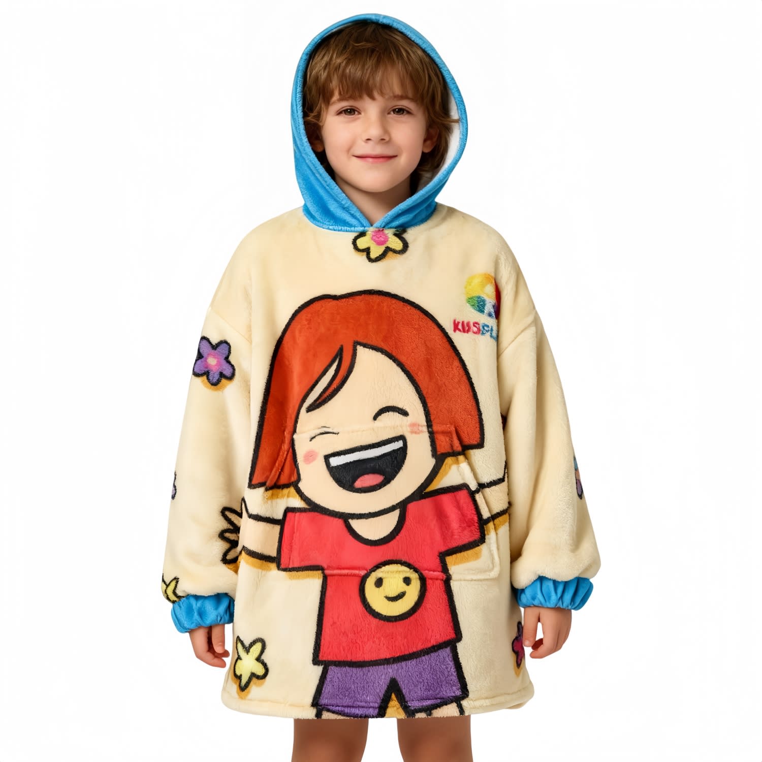 A wearable blanket in cream with a cartoon character design, featuring a blue hood and floral accents. Kids' premium 100% Polyester Sublimated Wearable Blanket - Image 1