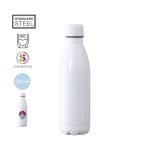 A drink bottle made of stainless steel with a double wall, featuring a sleek white design and a logo. Capacity of 500 ml.