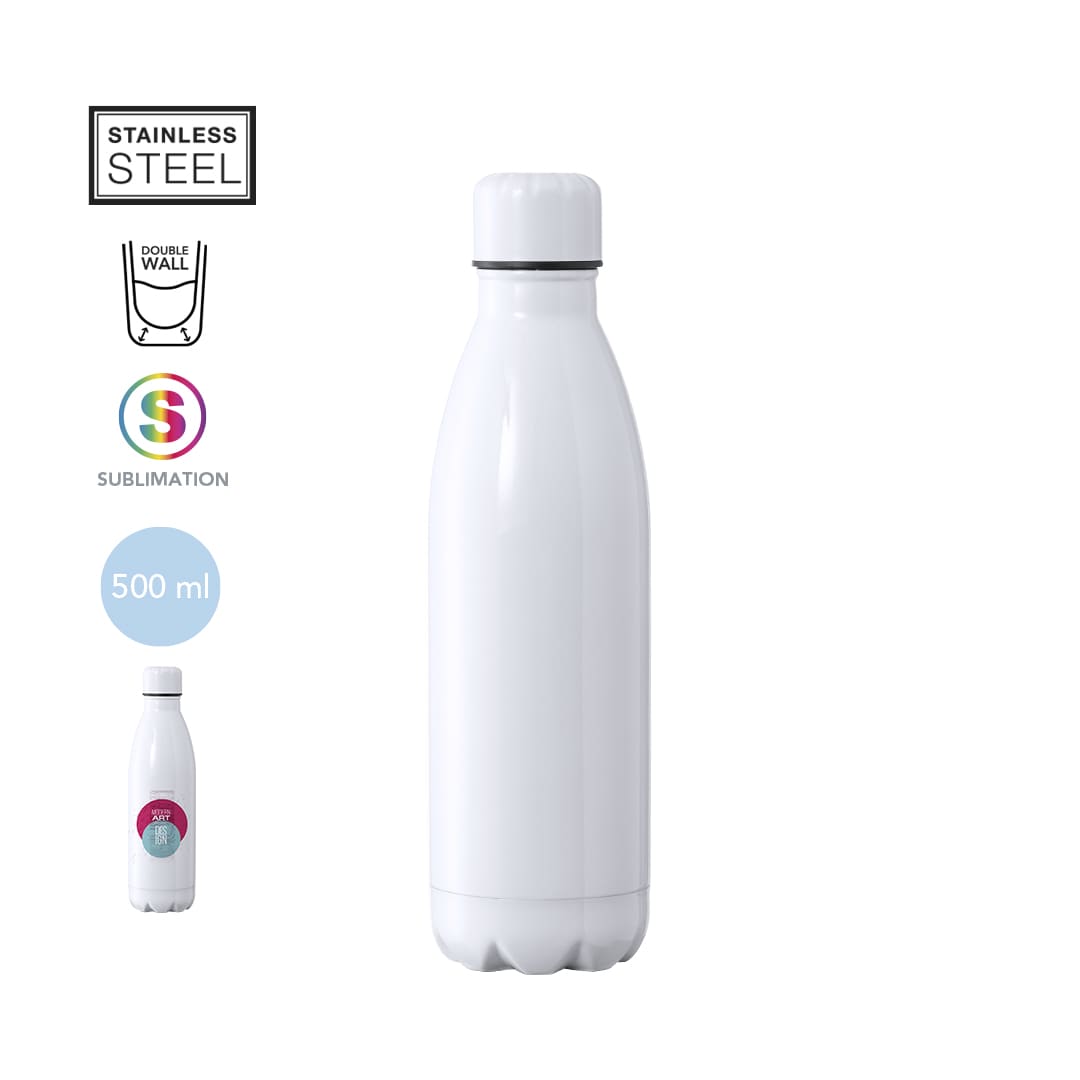A drink bottle made of stainless steel with a double wall, featuring a sleek white design and a logo. Capacity of 500 ml. A drink bottle made of stainless steel with a double wall, featuring a sleek white design and a logo. Capacity of 500 ml.