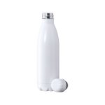 A drink bottle in white with a stainless steel cap, featuring a sleek design and a logo.