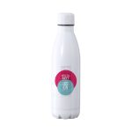 A drink bottle in white with a simple design featuring pink and blue circles and a logo.