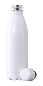 A drink bottle in white with a stainless steel cap and a separate white screw-on lid, featuring a logo.