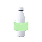A drink bottle in white, featuring a sleek design and a black ring at the top. It has a logo on it.
