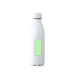 A drink bottle in white with a green area for customisation and a logo on the side.
