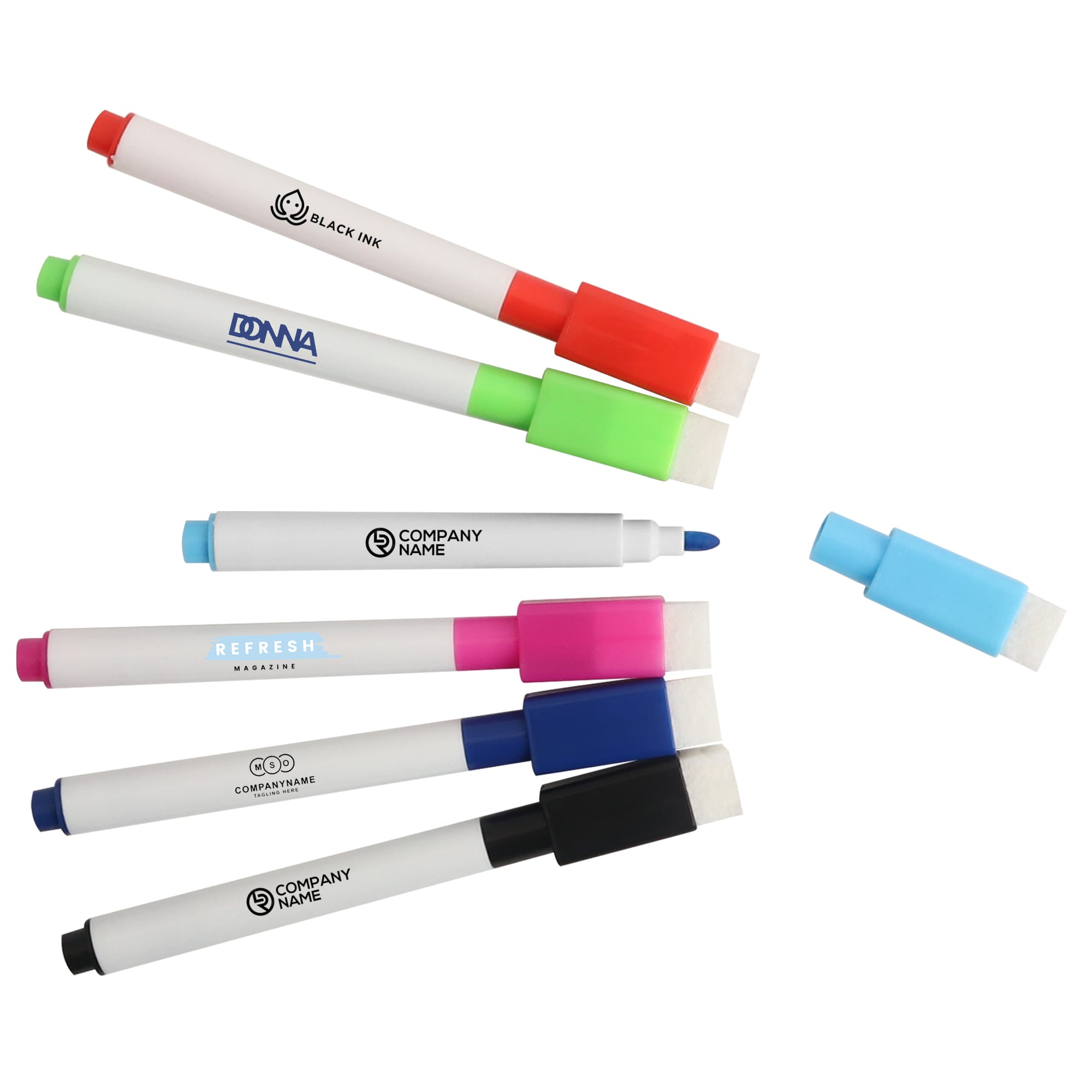 A set of magnetic whiteboard markers in various colours, including red, green, blue, pink, and black, with branding. Magnetic Whiteboard Marker - Image 1