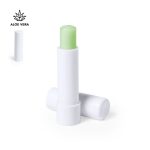 A green lip balm in a white twist-up tube, featuring a logo. The tube is positioned upright next to a cap.