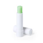 A white tube of lip balm with a green stick, featuring a plain design and a logo on the packaging.