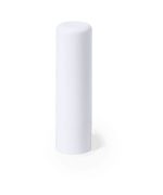 A white lip balm stick with a smooth, cylindrical shape, featuring a logo.