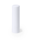 A white lip balm stick in a cylindrical container with a smooth finish. It features branding on the packaging.