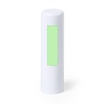 A white lip balm tube with a blank green section, featuring a subtle rounded top and a simple design.