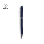 A metal pen with a sleek navy blue finish, featuring a silver trim and a recycling logo.