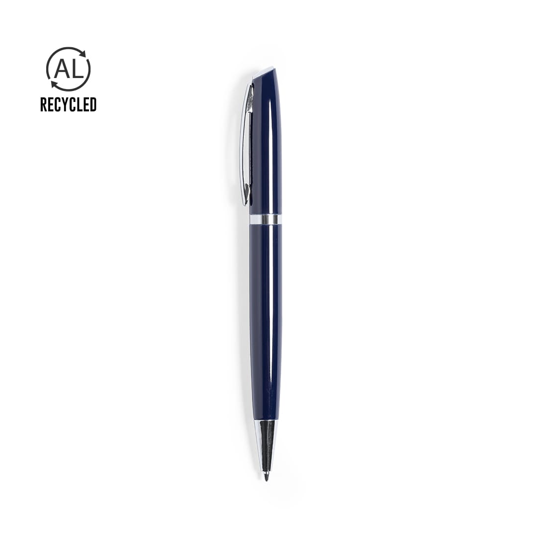 A metal pen with a sleek navy blue finish, featuring a silver trim and a recycling logo. A metal pen with a sleek navy blue finish, featuring a silver trim and a recycling logo.