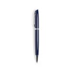 A blue metal pen with a silver accent and a clip, featuring a sleek and modern design.