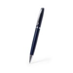 A metal pen in dark blue with chrome accents and a branded logo.