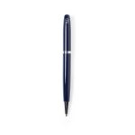 A metal pen in navy blue with a silver band and a logo on the upper part.