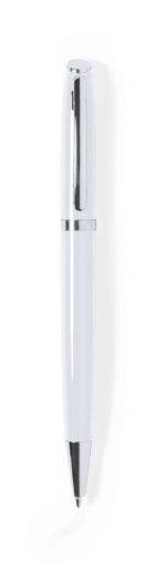 A metal pen in white with chrome detailing and a sleek design. It features a logo on the body.